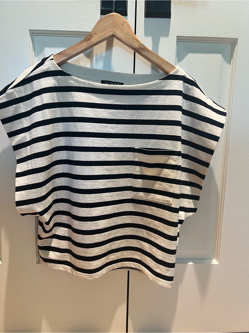 J. Crew Black and White Striped Boatneck Pocket Tee